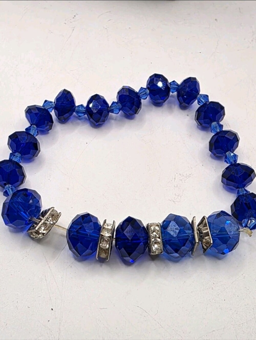 Vintage Cobalt Blue Crystal Faceted Bead Stretch Bracelet Rhinestone Rondelles